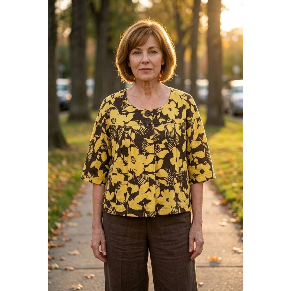 🇬🇪🔹️Vintage Basic Editions Yellow & Brown Linen Blend Floral Jacket Size 3X